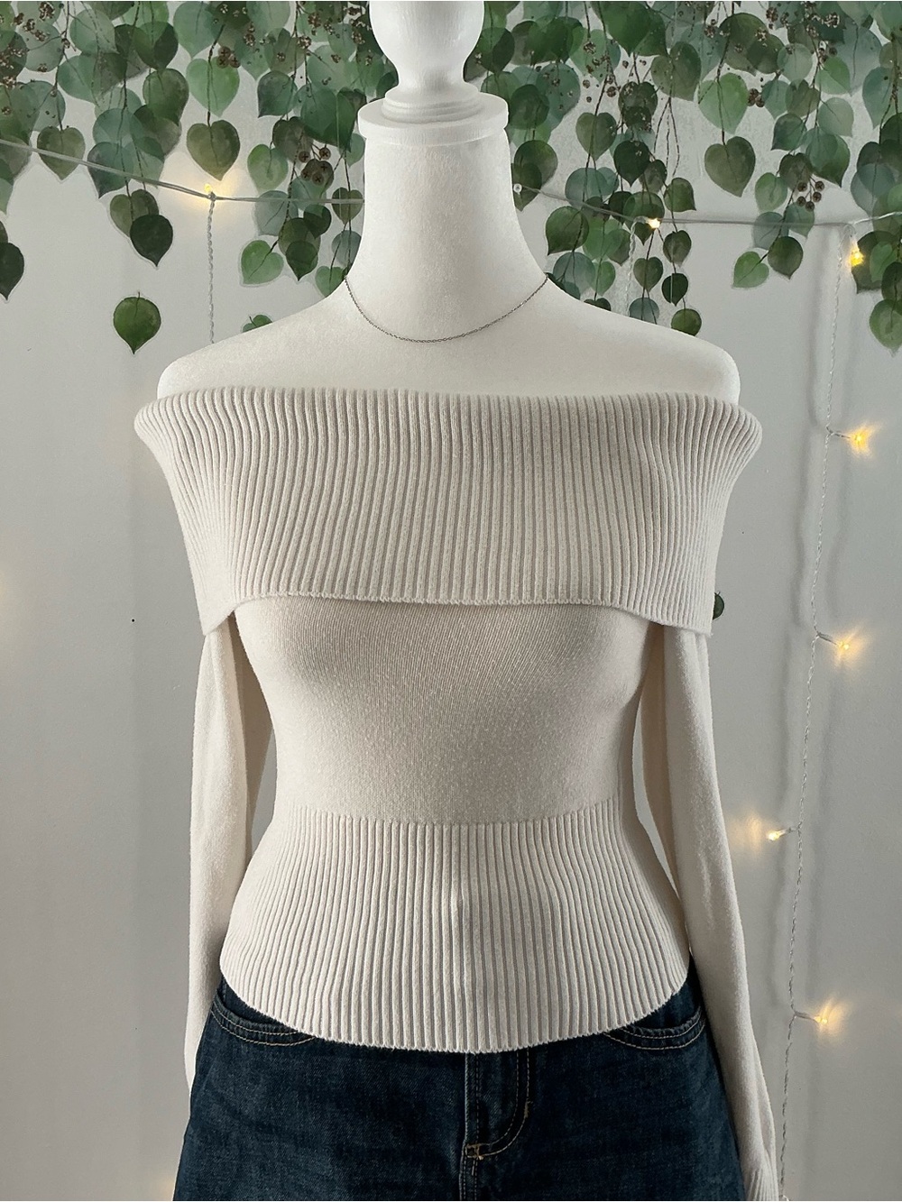 Hollister Cream/Ivory Knit Off the Shoulder Sweater with Ribbed Neckline